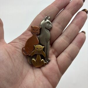 K&T Vintage Tri-Tone Cat Brooch Silver Copper Brass Mixed Metal Retro Feline Pin